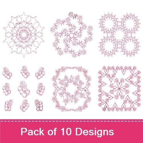 Redwork Elegant Floral Embroidery Bundle – Floral Cross, Ornate Floral, Decorative Lace Frame & More (10 Designs)