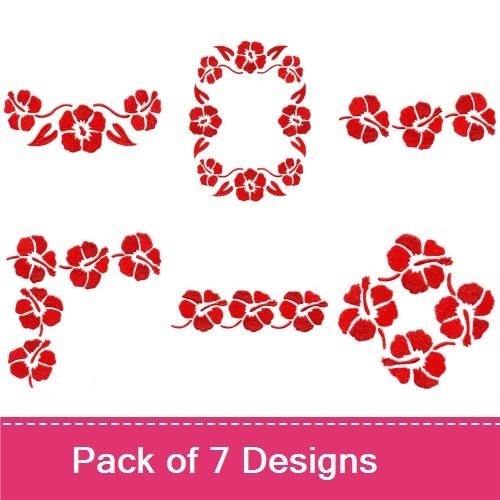 Redwork Hibiscus Floral Embroidery Bundle – Floral Frame, Border, Flower Arrangement & More (7 Designs)