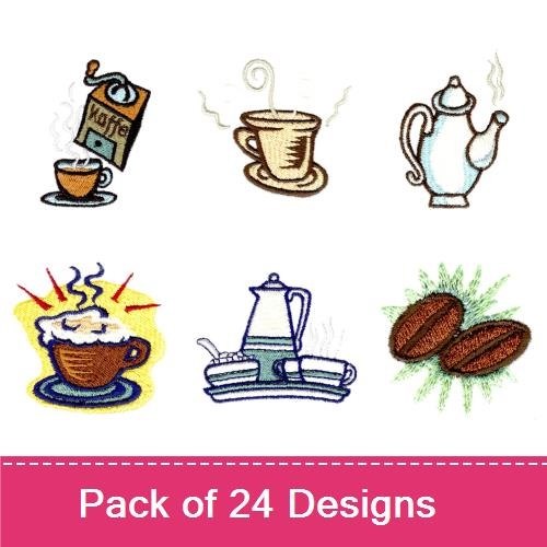 Coffee and Tea Embroidery Designs Bundle – Coffee Cup, Teapot, Coffee Beans & More (24 Designs)