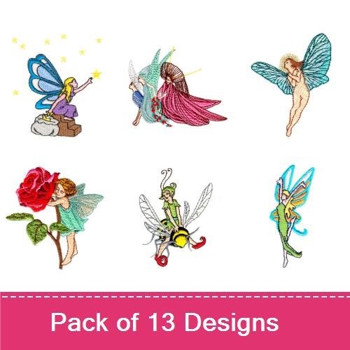 Fairy Fantasy Embroidery Designs Bundle – Fairy Sitting on Leaf, Flower Fairy, Butterfly Fairy & More (13 Designs)