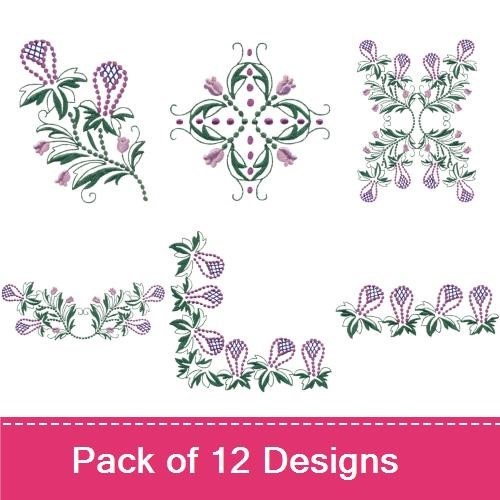 Floral Embellishment Embroidery Bundle – Wreath with Lilies, Vine with Berries, Symmetrical Motif & More (12 Designs)