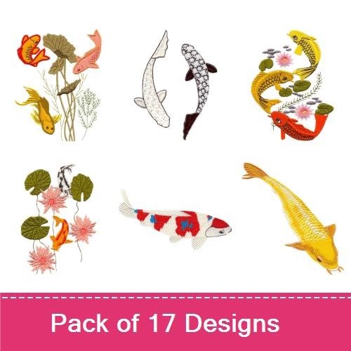 Koi Fish & Pond Life Embroidery Bundle – Koi, Lotus Flower, Underwater Plants & More (16 Designs)