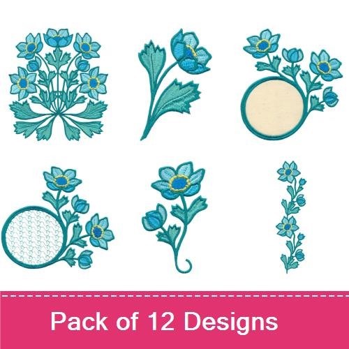 Blue Floral Embroidery Designs Bundle – Floral Bouquet, Single Flower, Flower Vine & More (12 Designs)