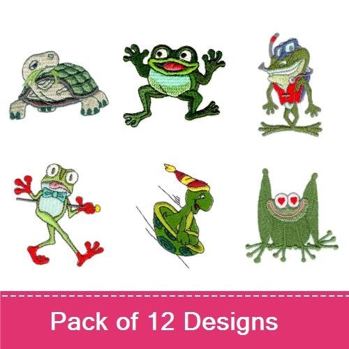 Frog & Turtle Embroidery Bundle – Adventurous Frog, Happy Frog, Frog with Glasses & More (12 Designs)