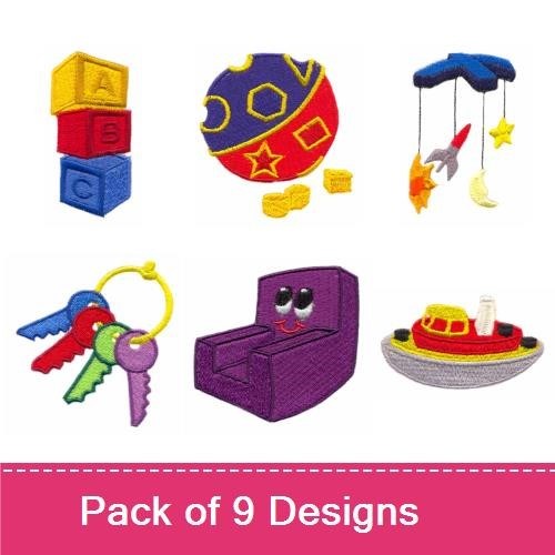 Colorful Kids Toys Embroidery Designs Bundle – Stacking Building Blocks, Ringing Baby Rattle, Toy Keys & More (9 Designs)