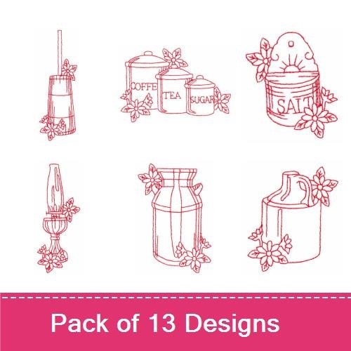 Redwork Vintage Kitchen Essentials Embroidery Designs Bundle – Milk Can, Coffee Canister, Teapot & More (13 Designs)