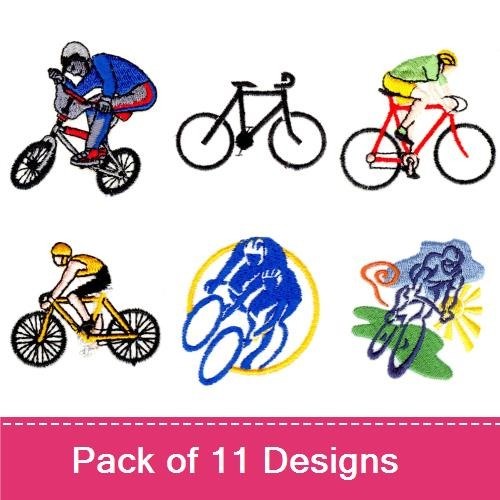 Bicyclists in Action Embroidery Designs Bundle – Cyclist in Yellow Jacket, Mountain Biker, Bicyclist Performing Stunt & More (11 Designs)