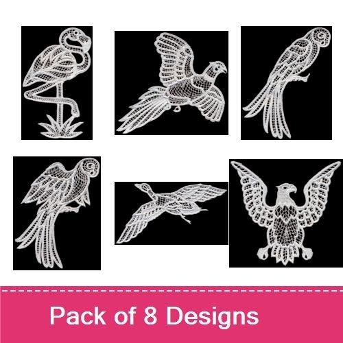 FSL Lace Birds Embroidery Bundle – Flamingo, Parrot, Hummingbird & More (8 Designs)