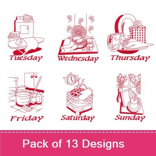 Redwork Seasons & Days Embroidery Designs Bundle – Spring Flower, Summer Floral, Autumn Arrangement, Winter Scene & More (13 Designs)