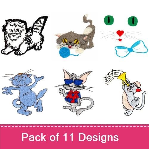 Playful Cat Embroidery Designs Bundle – Dancing Blue Cat, Superhero Cat, Cat Face with Bow Tie & More (11 Designs)