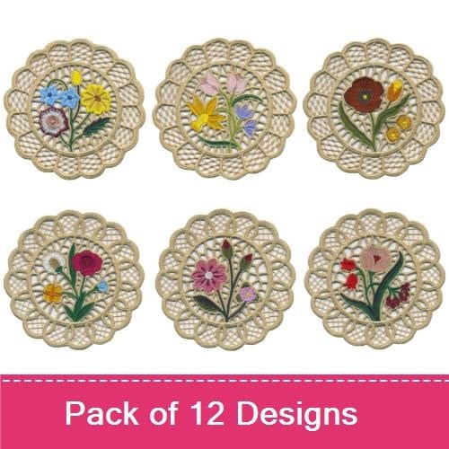 FSL Floral Lace Doilies Embroidery Bundle – Blue, Yellow, Multi-Colored, & More (12 Designs)