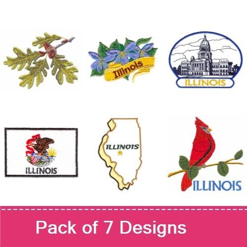 Illinois State Pride Embroidery Designs Bundle – Purple Violet, State Flag, State Seal & More (7 Designs)