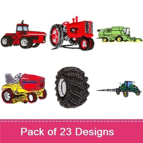 Farm Equipment Embroidery Bundle – Red & Blue Tractors, Farm Trailer & More (21 Designs)