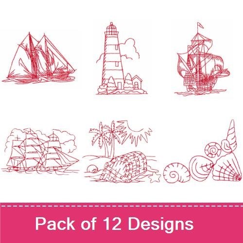 Redwork Nautical Embroidery Designs Bundle – Sailing Ship, Seashells Collection, Tropical Island & More (12 Designs)