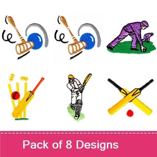 Lawn and Cricket Sports Embroidery Bundle – Cricket Batter, Bowler, Wicket & More (8 Designs)