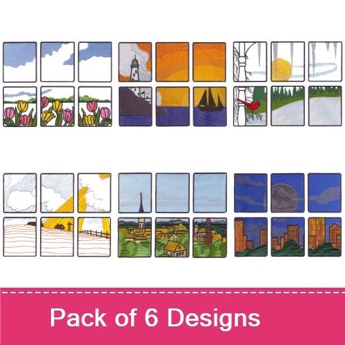 Scenic Views Embroidery Bundle – Sunrise Over Mountains, Winter Landscape, Red Cardinal & More (6 Designs)