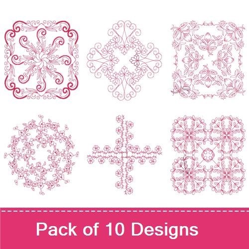 Redwork Floral Frames Embroidery Designs Bundle – Floral Frame with Berries, Rose Floral Frame, & More (10 Designs)