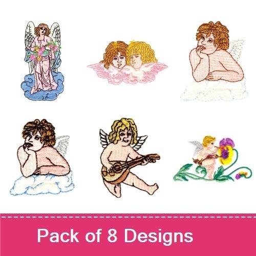 Cherubic Angels Embroidery Designs Bundle – Angel with Pink Ribbon, Cherubic Angel Playing Guitar, & More (8 Designs)