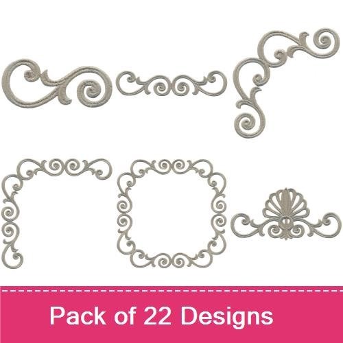 Elegant Scroll Frames Embroidery Bundle – Ornate Corner, Curly Embellishments, & More (22 Designs)