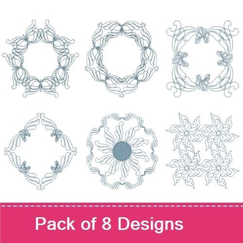 Redwork Elegant Blue Line Art Embellishment Bundle – Circular Frame, Ornate Square Frame, Floral Frame & More (8 Designs)