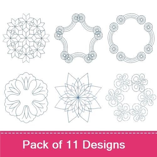 Redwork Floral Embellishment Embroidery Bundle – Circular Floral Motifs, Geometric Floral Motifs & More (11 Designs)