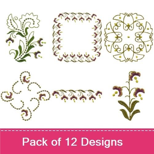 Elegant Floral Embellishments Embroidery Bundle – Floral Border, Leafy Vine, Butterfly Pair & More (12 Designs)