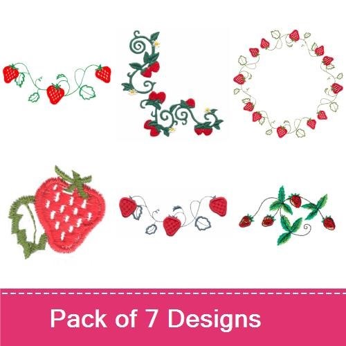 Redwork Strawberry Embroidery Designs Bundle – Strawberry Circle, Strawberry Vine with Leaves, & More (7 Designs)
