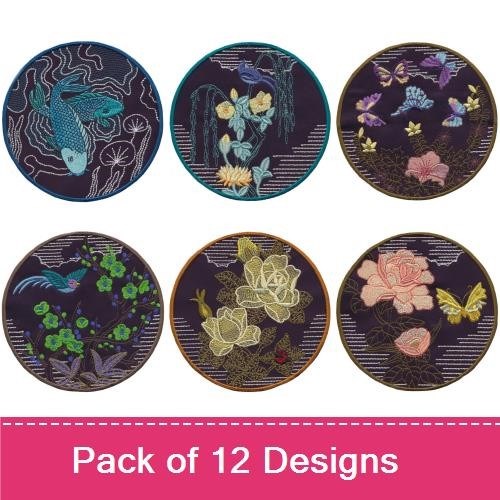Asian Floral & Wildlife Embroidery Designs Bundle – Cherry Blossom Branch, Dragonfly on Water, Blue Floral Bouquet & More (12 Designs)