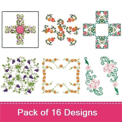 Elegant Floral Embroidery Bundle – Floral Corner, Cross & Motif Embellishments & More (16 Designs)