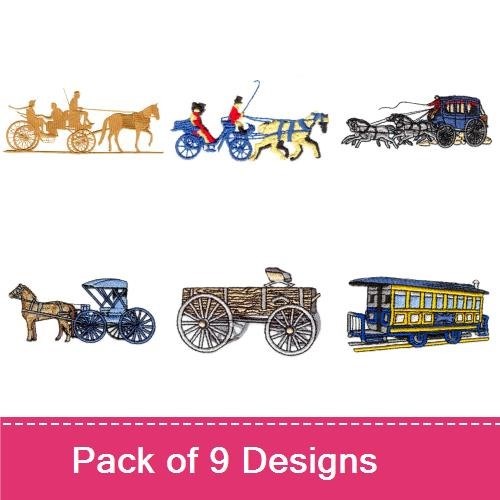 Vintage Transportation Embroidery Designs Bundle – Stagecoach, Bicycle, Airplane, Hot Air Balloon & More (9 Designs)