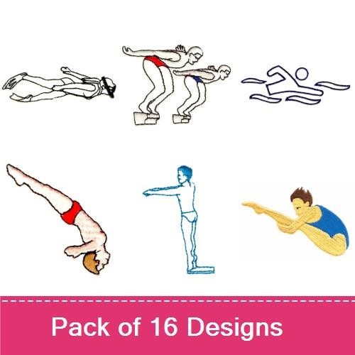 Swimming Activities Embroidery Designs Bundle – Diver, Snorkel Gear, Swimming Frog & More (16 Designs)