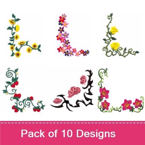 Floral Corner Embellishment Embroidery Bundle – Red Berries, Purple Flowers, Orange & More (10 Designs)