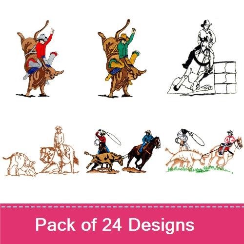 Rodeo Cowboys Embroidery Designs Bundle – Bucking Bronco, Rodeo Clown, Cowboy with Lasso & More (24 Designs)