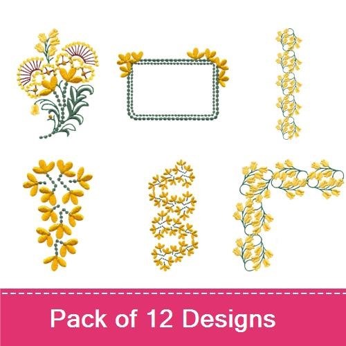Floral Embroidery Bundle – Floral Bouquet, Decorative Frame, Yellow Petal Embellishment & More (12 Designs)