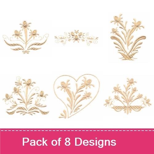 Elegant Floral Embroidery Bundle – Tulips, Floral Heart, Decorative Scroll & More (8 Designs)