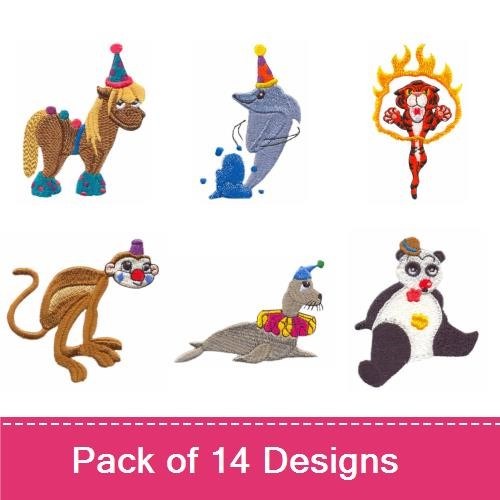 Circus Animals Embroidery Bundle – Lion on a Circus Drum, Monkey with a Hat, Purple Elephant & More (14 Designs)