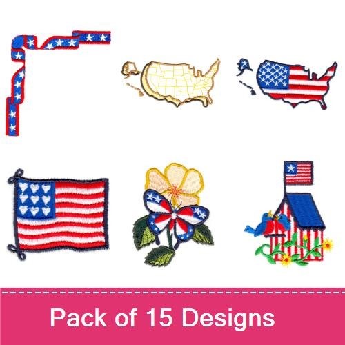 Patriotic USA Embroidery Bundle – USA Map with Flag, American Flag Rainbow, God Bless America Sign & More (15 Designs)