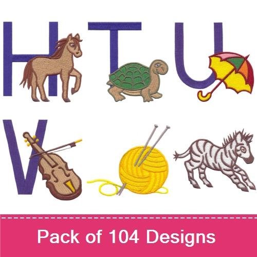 Horse, Turtle, Umbrella, Violin, Yarn & Zebra Embroidery Bundle – Fun Alphabet Designs (104 Designs)