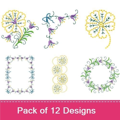 Floral Embellishment Embroidery Designs Bundle – Floral Scroll, Curly Floral Design, Ornamental Flower & More (12 Designs)