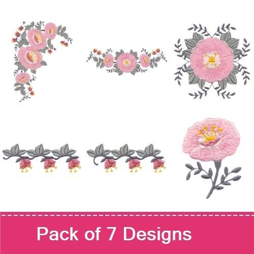 Floral Embroidery Designs Bundle – Pink Floral Cluster, Large Pink Flower, Floral Border & More (7 Designs)