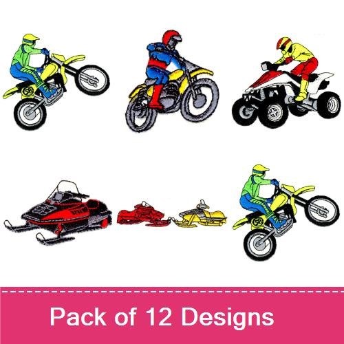 Vintage Motor Sports Embroidery Designs Bundle – Motorcycle Racer, Dirt Bike Racer, Snowmobile & More (12 Designs)
