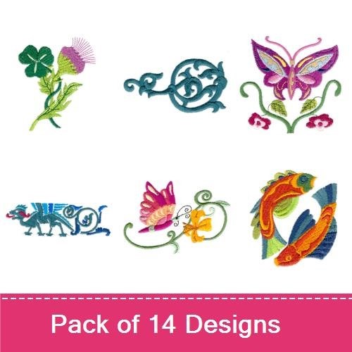 Celtic & Mythical Symbols Embroidery Designs Bundle – Knot, Unicorn, Dragon, Rooster & More (14 Designs)