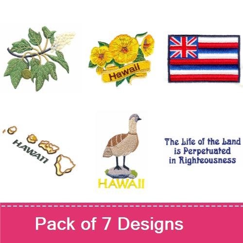 Hawaiian Heritage Embroidery Designs Bundle – Flowers with Banner, Flag, Bird & More (7 Designs)