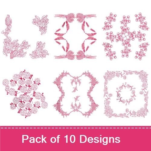 Redwork Floral Embellishments Embroidery Designs Bundle – Floral Frame, Butterfly Sprig, Flower Basket & More (10 Designs)