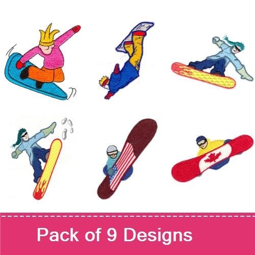 Snowboarders in Action Embroidery Designs Bundle – Snowboarder with Yellow Board, Snowboarder in Action Pose, & More (9 Designs)