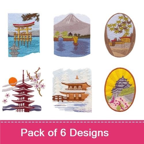 Japanese Scenic Embroidery Designs Bundle – Pagoda with Cherry Blossoms, Mount Fuji, Woman in Kimono & More (6 Designs)
