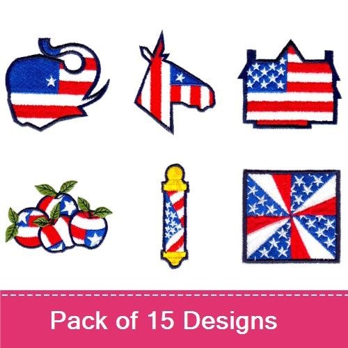 Patriotic Americana Embroidery Designs Bundle – Kite with Stars and Stripes, Patriotic Banner, American Flag & More (15 Designs)