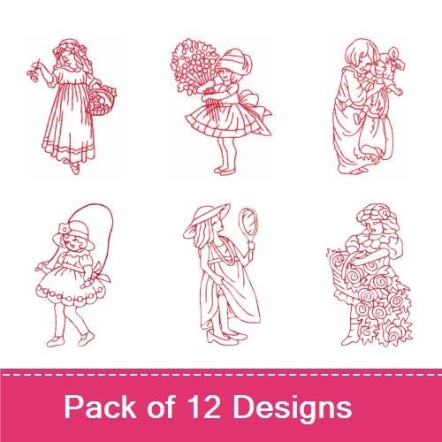Redwork Vintage Girls Embroidery Designs Bundle – Girl on Swing, Girl with Doll, Dancing Girl & More (12 Designs)