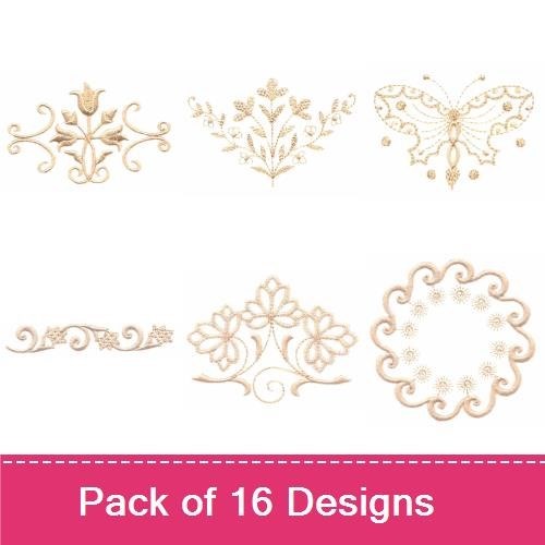 Elegant Vintage Floral Embroidery Designs Bundle – Floral Wreath, Butterfly Motif, Wheat Spray & More (16 Designs)