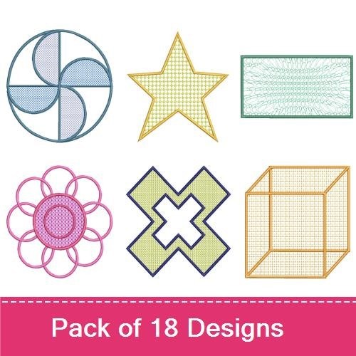 Geometric Shapes Embroidery Designs Bundle – Hexagon, Heart, Circle & More (18 Designs)